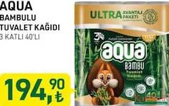 AQUA BAMBULU TUVALET KAĞIDI 3 KATLI 40'LI AQUA BAMBULU TUVALET KAĞIDI 3 KATLI 40'LI